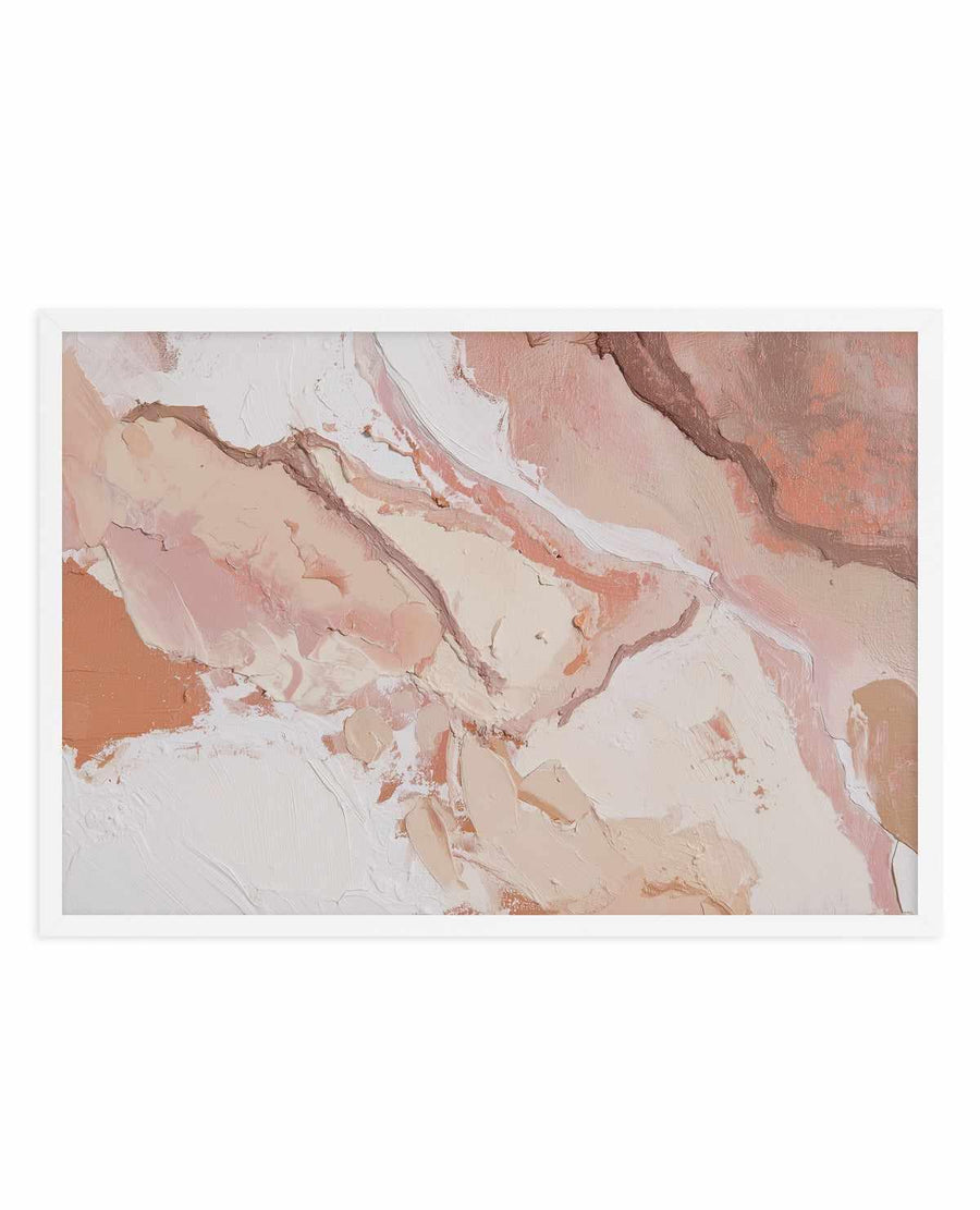 Abstract art print titled Sculpted Clay III featuring layered organic forms in warm earth tones. The composition shows sweeping brushstrokes and textured paint application in dusty rose, terracotta, cream, and soft beige creating a sense of depth and movement. White areas provide contrast throughout the composition. The artwork is presented in a white frame with white border, displaying the painterly texture and dimensional quality of the piece.