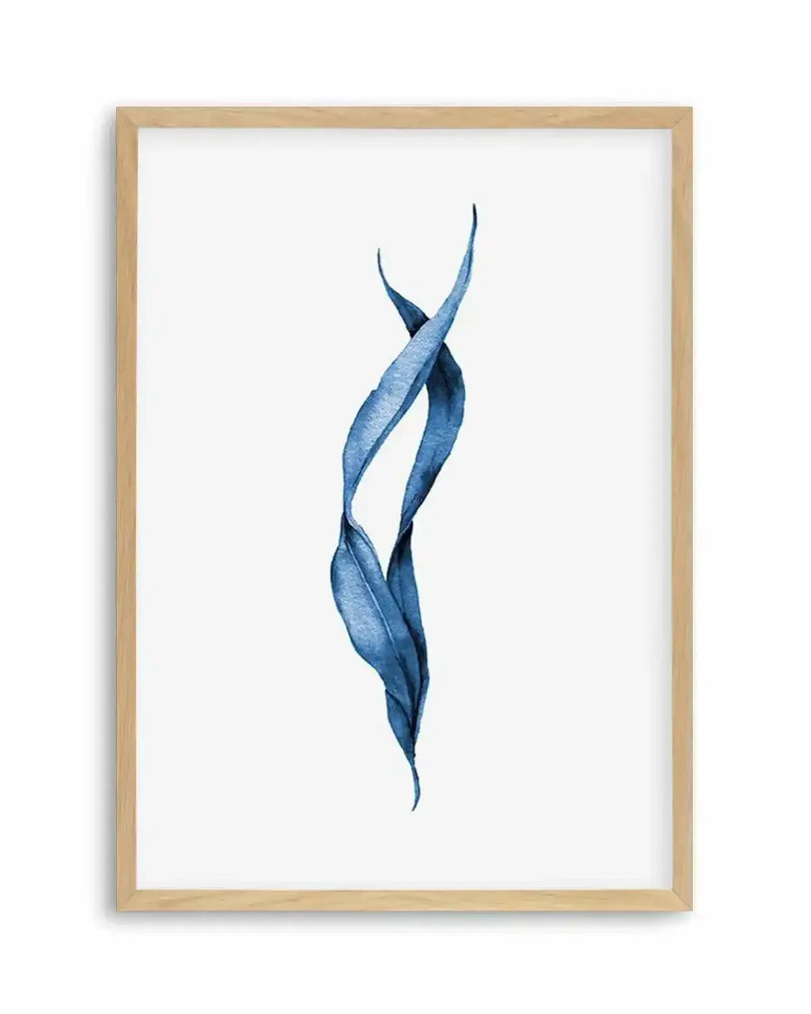 Watercolour art print featuring two intertwining sea kelp fronds in deep indigo blue with visible brushstroke texture, printed on fine art paper and displayed in a natural oak frame with white border.