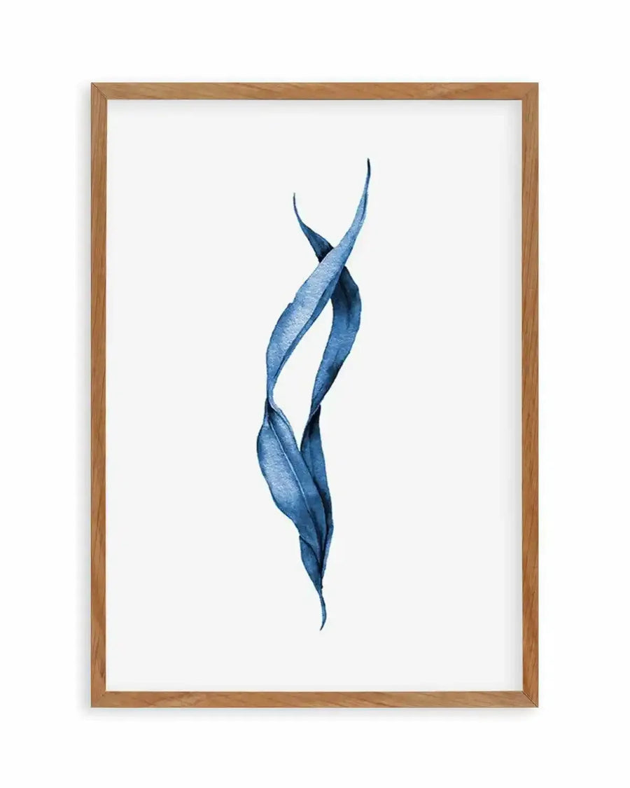 Watercolour art print featuring two intertwining sea kelp leaves in a deep, vibrant blue against a clean white background, printed on fine art paper and displayed in a natural oak frame with white border.