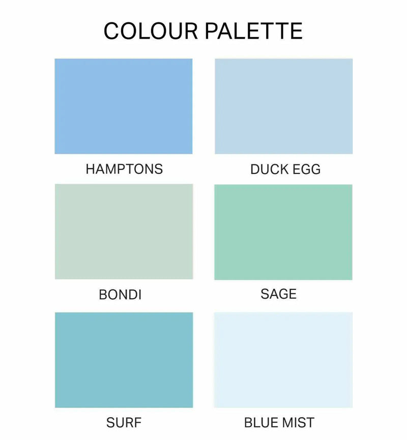 Colour palette showcasing six rectangular swatches of solid colours, each with a descriptive name below. The top row features "Hamptons," a medium sky blue, and "Duck Egg," a pale blue-green. The middle row displays "Bondi," a light sage green, and "Sage," a slightly darker, more vibrant mint green. The bottom row includes "Surf," a medium teal blue, and "Blue Mist," a very pale, almost white, light blue.