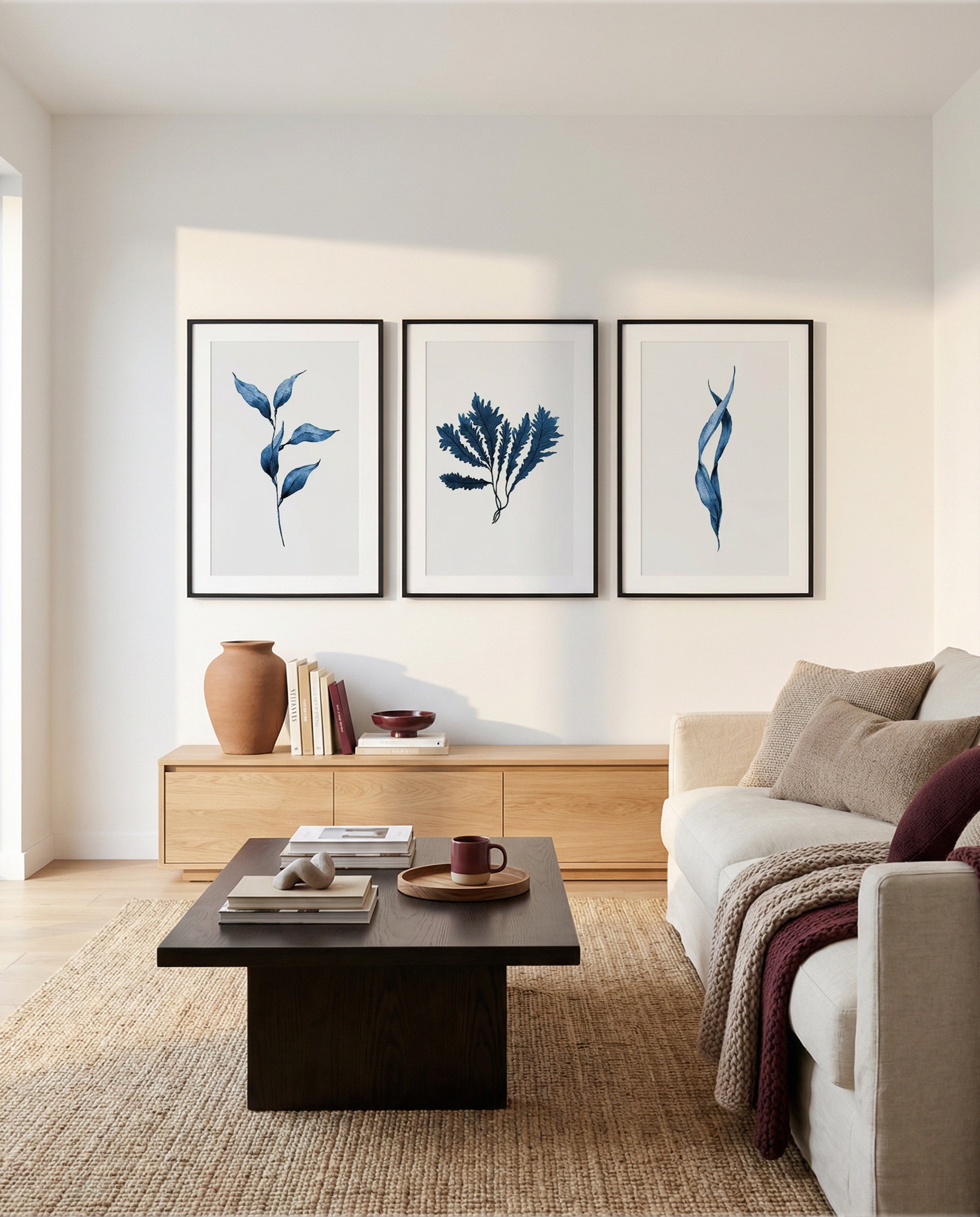 Sea Kelp I, II & III | 3 Piece Wall Art Set in Blue art print oak frame with white border
