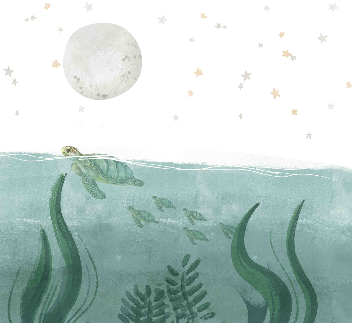 Sea Turtles In the Moonlight in Green & White Mural Commercial Vinyl Wallcovering