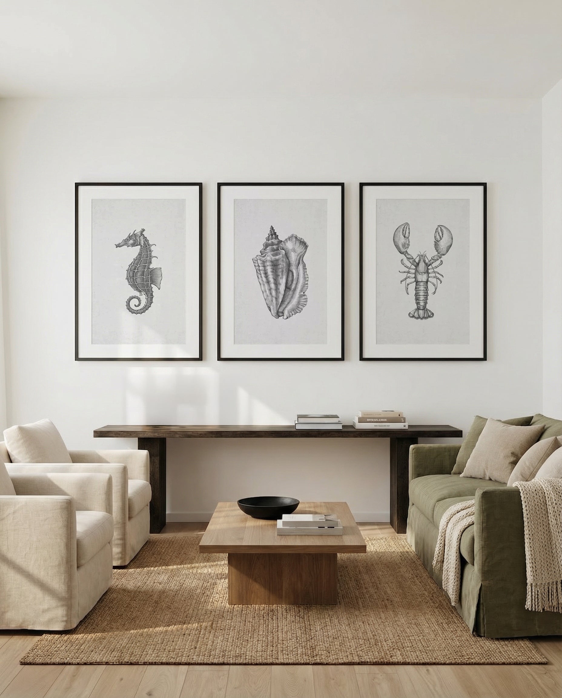 Seahorse, Conch Shell & Lobster on Linen | 3 Piece Wall Art Set