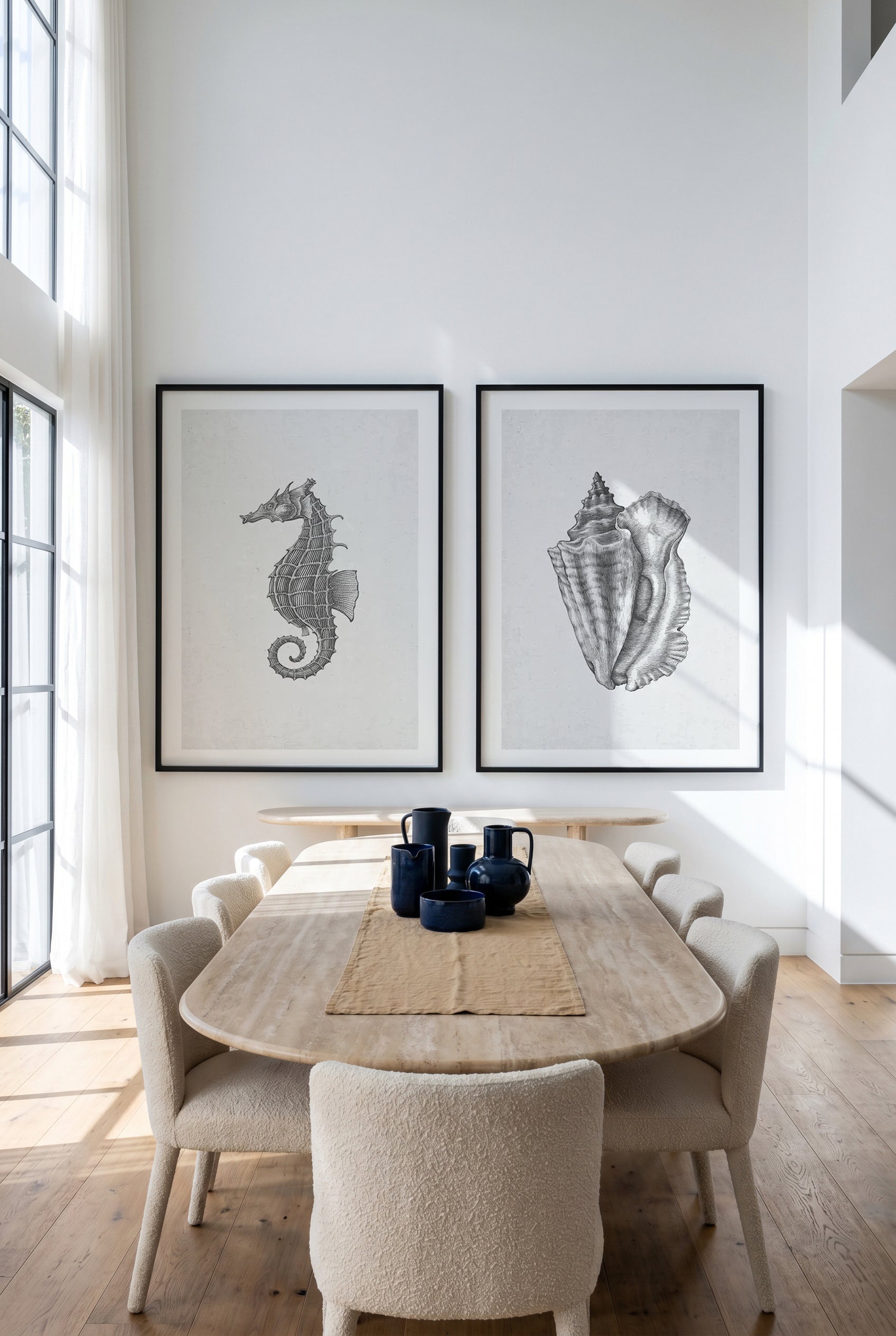 Seahorse & Conch Shell on Linen Art Print Set of 2 | Matching Wall Art