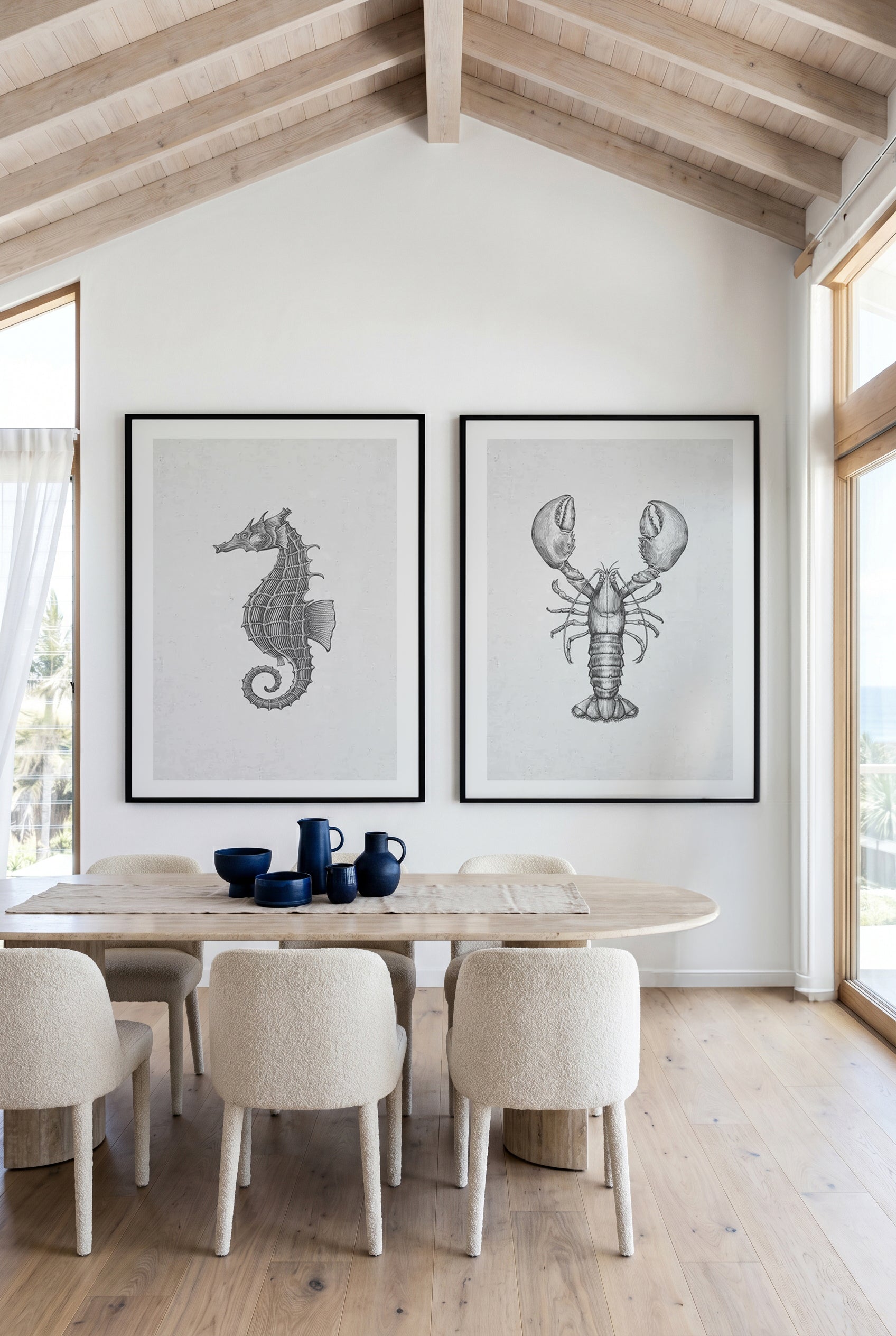Seahorse & Lobster on Linen Art Print Set of 2 | Matching Wall Art