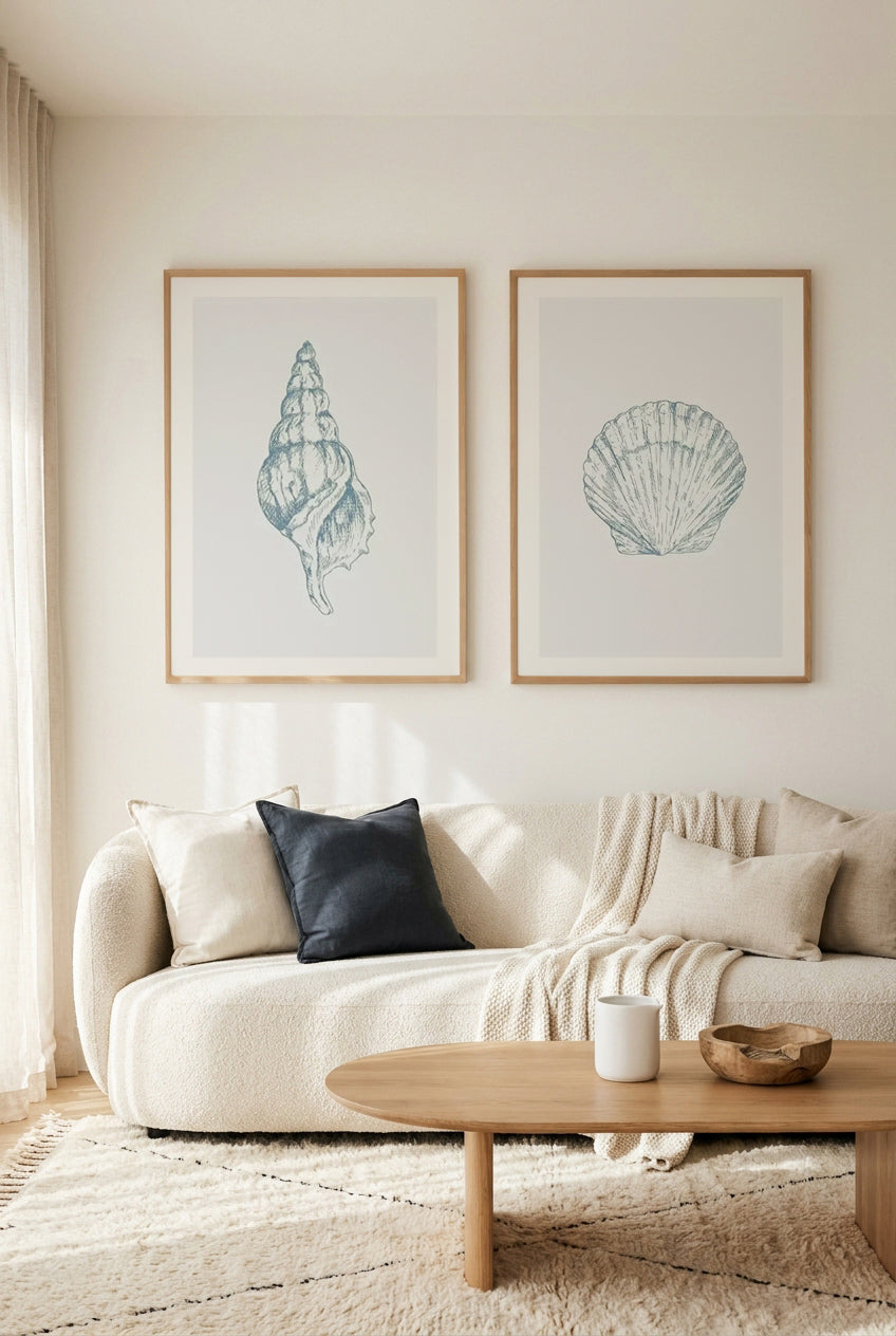 Seashell Atlantic Triton & Seashell Bay Scallop Art Print Set of 2 | Matching Wall Art