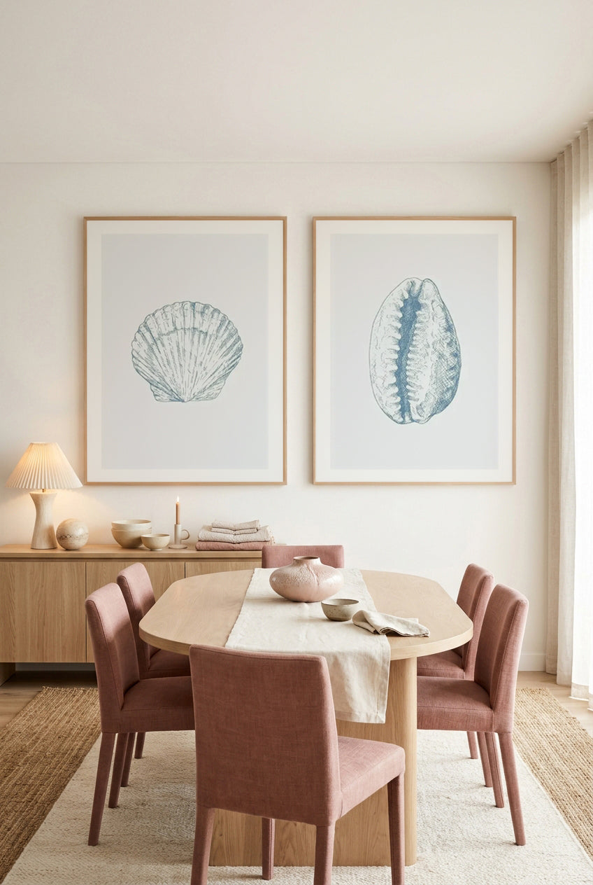 Seashell Bay Scallop & Seashell Tiger Cowrie Art Print Set of 2 | Matching Wall Art
