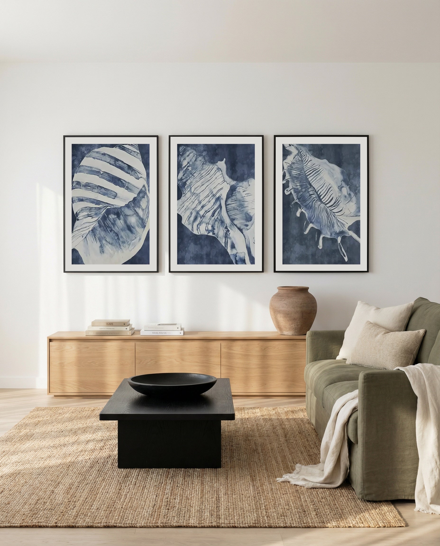 Seashell Luxe I, II & III by Jess Mckinnon | 3 Piece Wall Art Set in Blue art print oak frame with white border