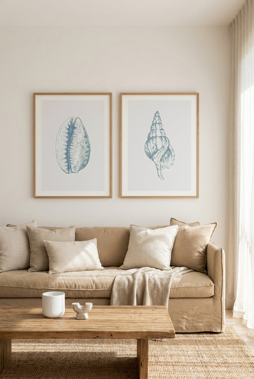 Seashell Tiger Cowrie & Seashell Atlantic Triton Art Print Set of 2 | Matching Wall Art