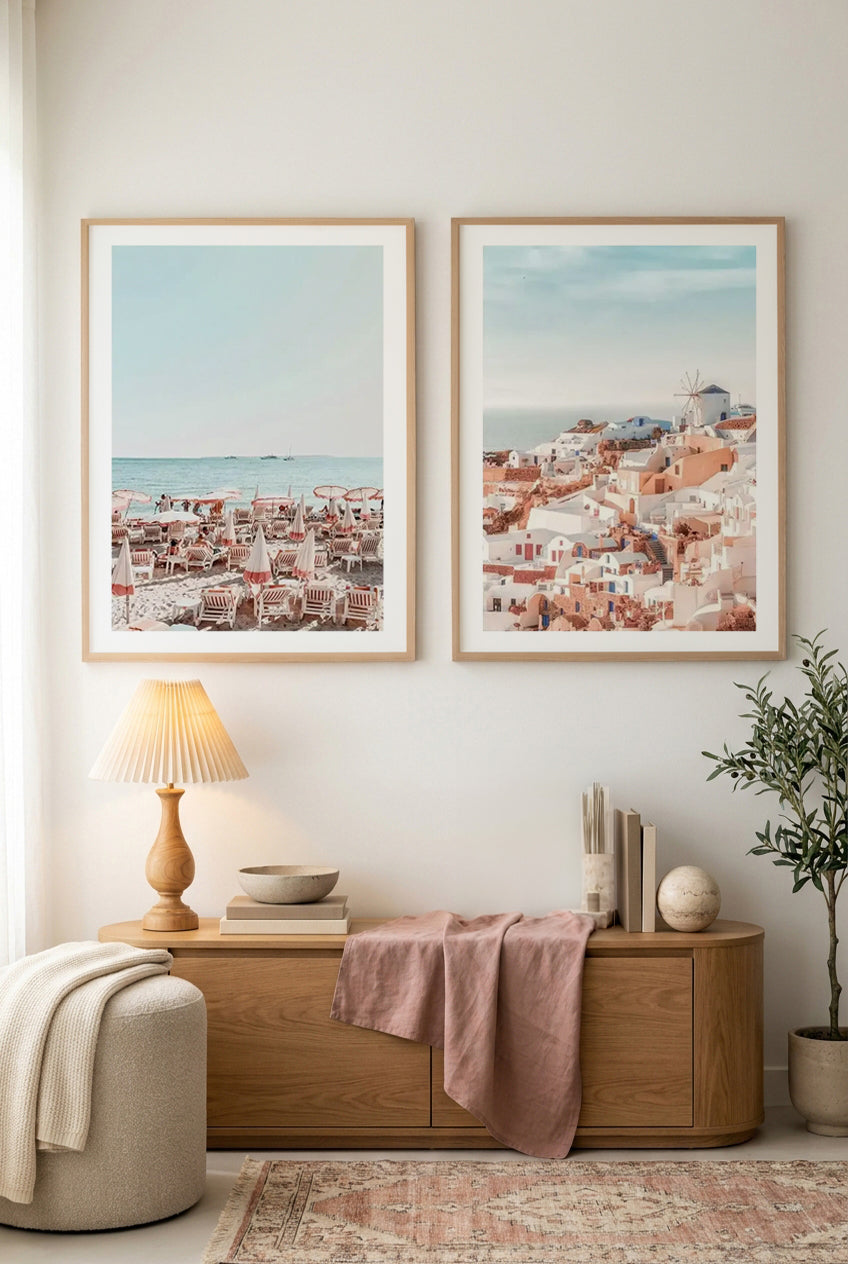 Seaside Antibes & Santorini Sunsets II Art Print Set of 2 | Matching Wall Art