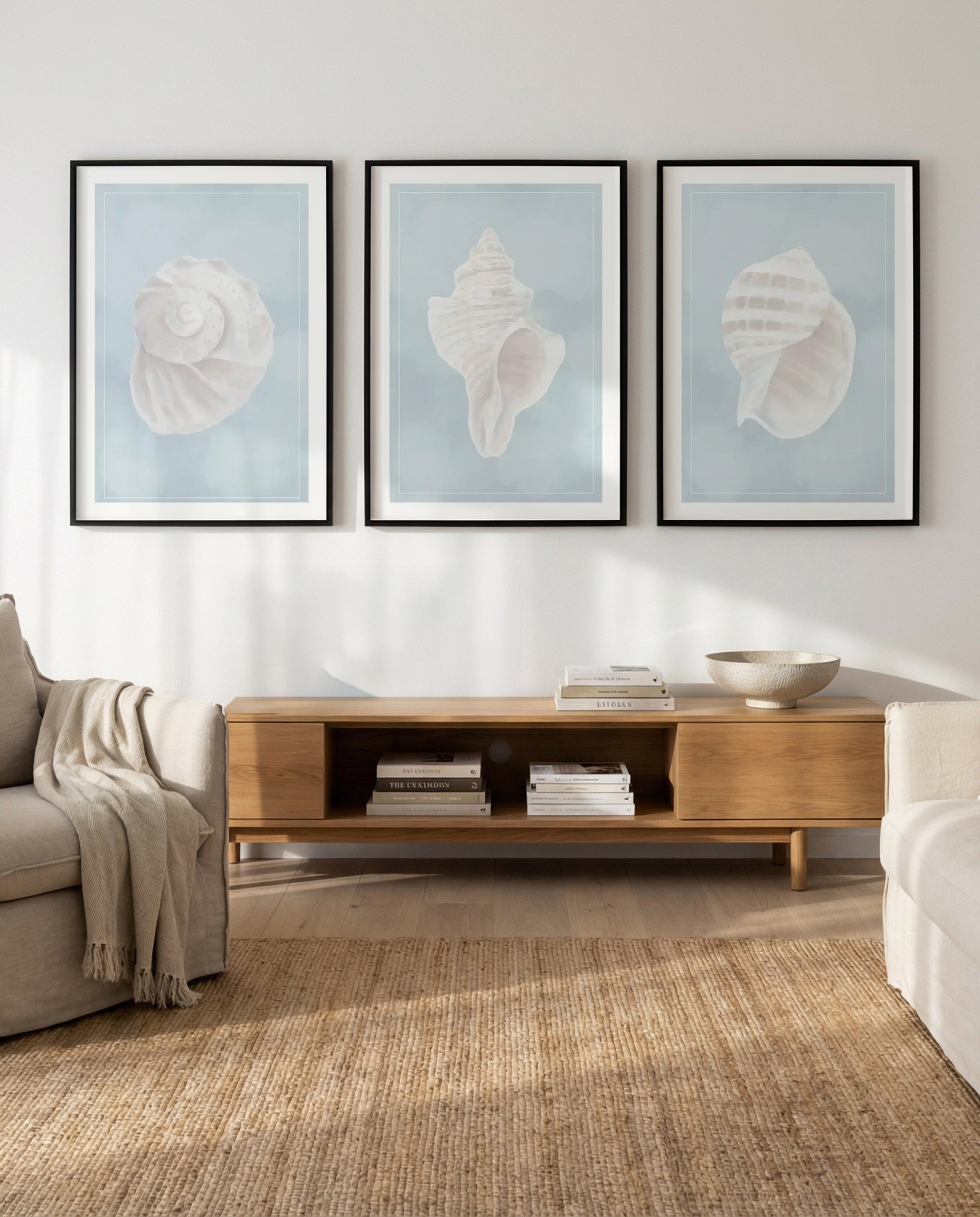 Seaside Shell I, II & III | 3 Piece Wall Art Set in Blue and White art print oak frame with white border