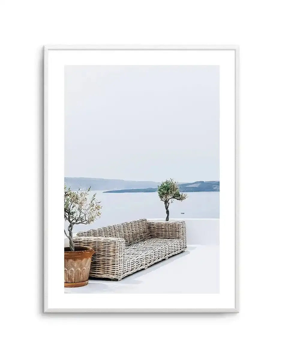 Seat In The Sun Art Print-Shop Greece Wall Art Prints Online with Olive et Oriel - Our collection of Greek Islands art prints offer unique wall art including blue domes of Santorini in Oia, mediterranean sea prints and incredible posters from Milos and other Greece landscape photography - this collection will add mediterranean blue to your home, perfect for updating the walls in coastal, beach house style. There is Greece art on canvas and extra large wall art with fast, free shipping across Aus