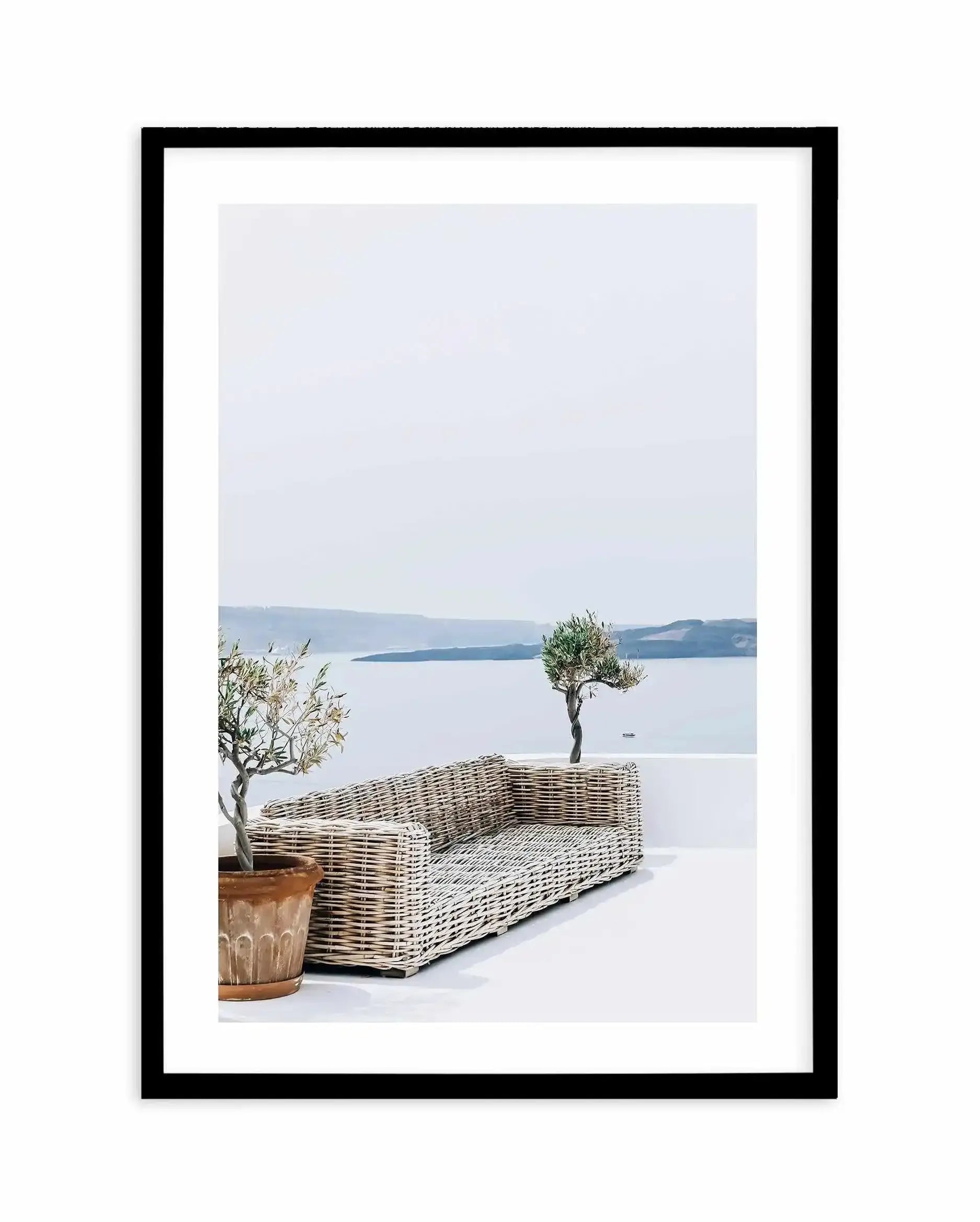Seat In The Sun Art Print-Shop Greece Wall Art Prints Online with Olive et Oriel - Our collection of Greek Islands art prints offer unique wall art including blue domes of Santorini in Oia, mediterranean sea prints and incredible posters from Milos and other Greece landscape photography - this collection will add mediterranean blue to your home, perfect for updating the walls in coastal, beach house style. There is Greece art on canvas and extra large wall art with fast, free shipping across Aus