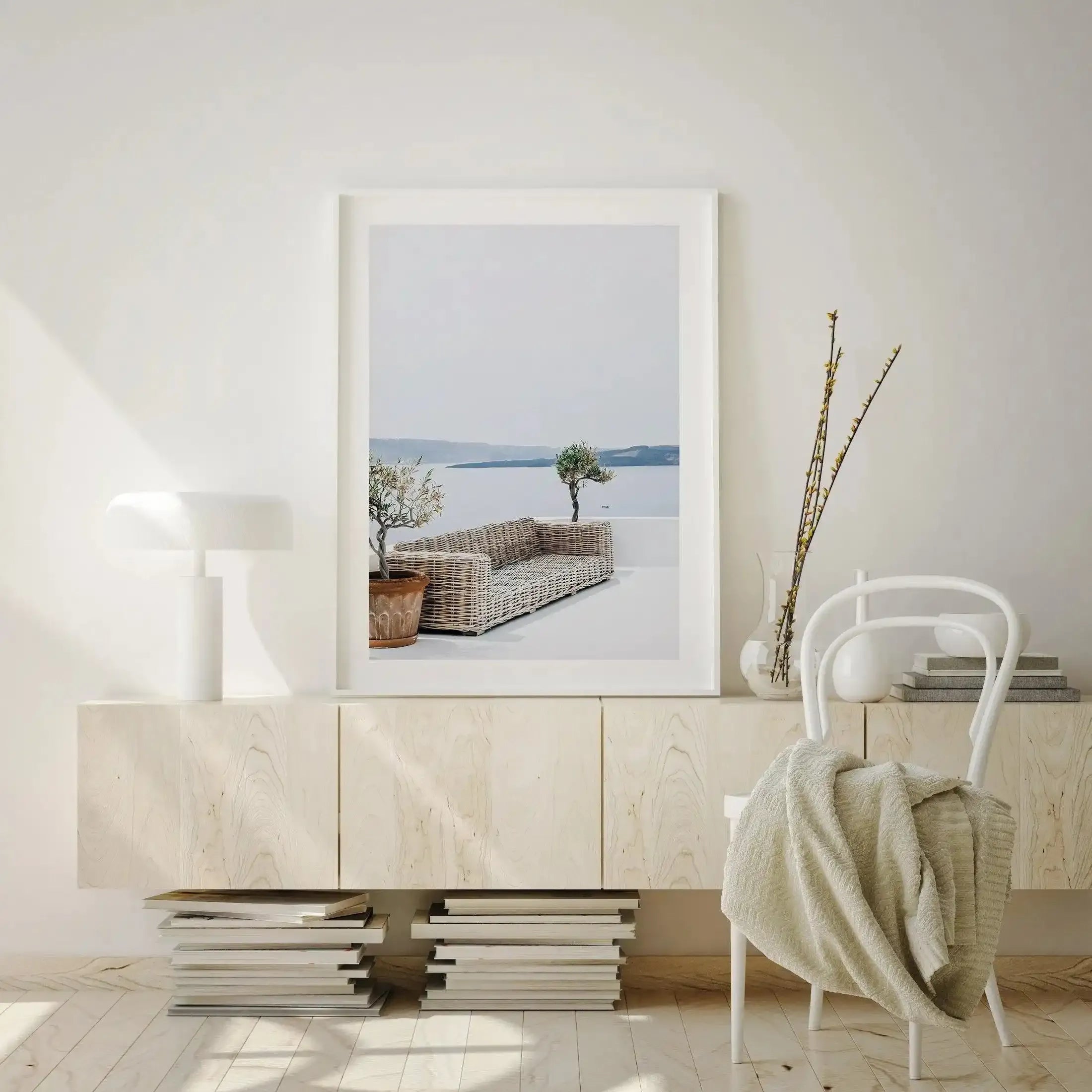 Seat In The Sun Art Print-Shop Greece Wall Art Prints Online with Olive et Oriel - Our collection of Greek Islands art prints offer unique wall art including blue domes of Santorini in Oia, mediterranean sea prints and incredible posters from Milos and other Greece landscape photography - this collection will add mediterranean blue to your home, perfect for updating the walls in coastal, beach house style. There is Greece art on canvas and extra large wall art with fast, free shipping across Aus