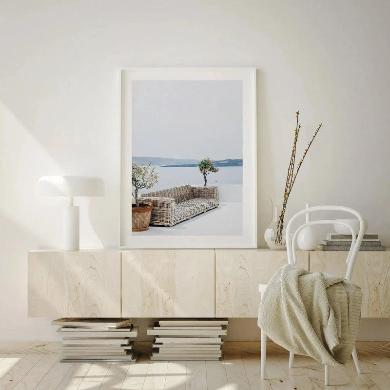 Seat In The Sun Art Print-Shop Greece Wall Art Prints Online with Olive et Oriel - Our collection of Greek Islands art prints offer unique wall art including blue domes of Santorini in Oia, mediterranean sea prints and incredible posters from Milos and other Greece landscape photography - this collection will add mediterranean blue to your home, perfect for updating the walls in coastal, beach house style. There is Greece art on canvas and extra large wall art with fast, free shipping across Aus