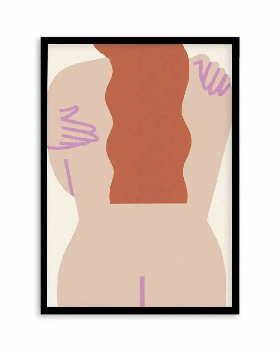 Abstract art print featuring a faceless figure from behind, with a terracotta-coloured, wavy-haired head and light beige skin. The figure's arms are wrapped around its body, with light purple, wavy lines indicating fingers. A single light purple line extends from the top of the left arm, and another light purple line is visible between the figure's legs. The print is displayed in a black frame with a white border.