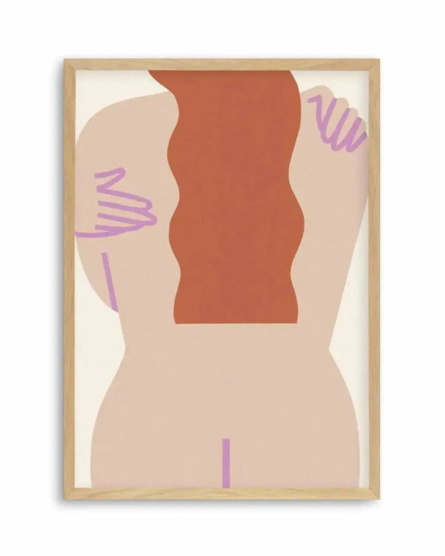 Abstract art print featuring a faceless, nude female figure from the back, with long, wavy, reddish-brown hair flowing down her back. Her skin is a soft, pale peach, and her arms are raised, with abstract purple lines suggesting hands or movement. A single vertical purple line is visible between her legs. The print is displayed in a natural oak frame with a white border.