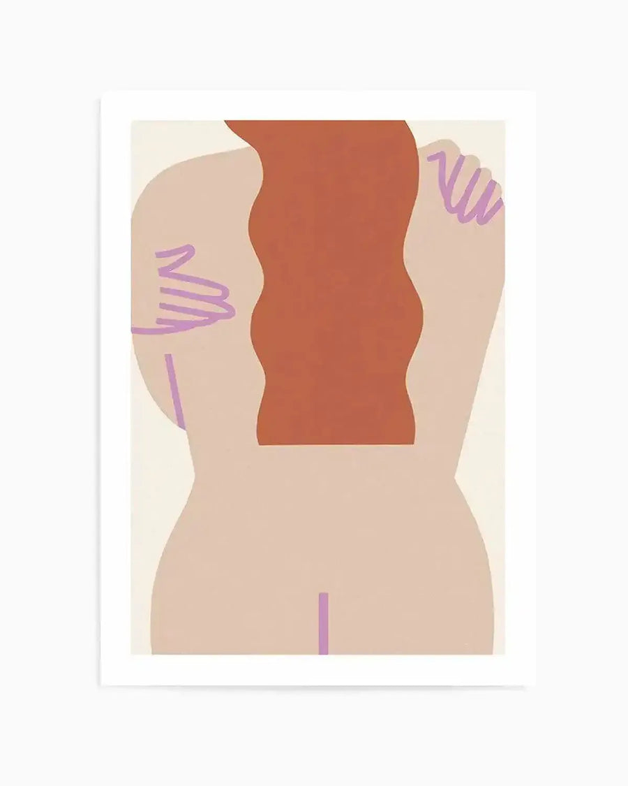 Abstract art print featuring the back of a nude figure with long, wavy, reddish-brown hair flowing down their back. The figure's skin is a pale beige, and their arms are wrapped around themselves, with the hands depicted as simple, wavy purple lines. A single vertical purple line is also visible on the lower back/buttocks area. The background is a solid cream colour.