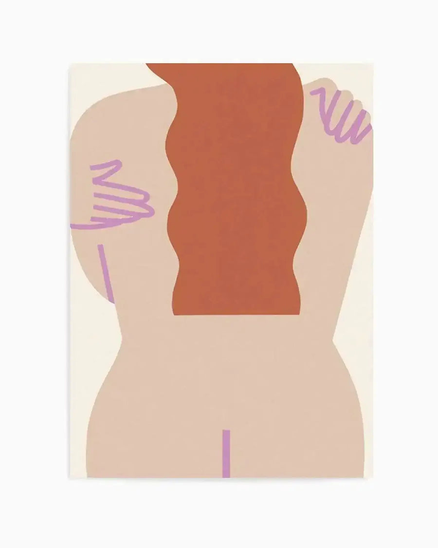 Abstract:
Abstract art print featuring a minimalist illustration of a nude female body from the back, with long wavy reddish-brown hair. The body is a light peach colour, with thin, wavy lavender lines suggesting arms wrapped around the torso, and a straight lavender line at the base of the spine. The background is a soft cream colour.