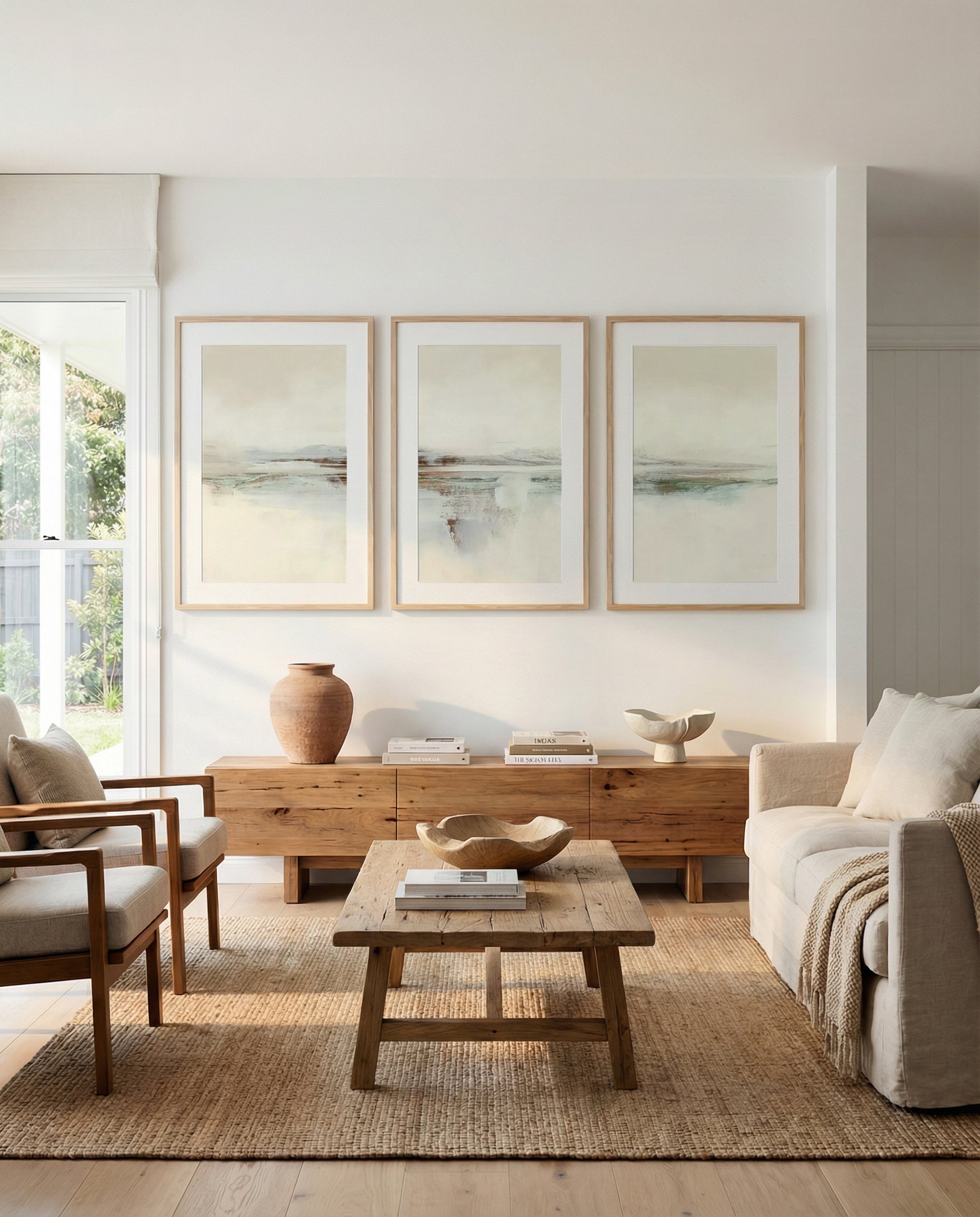 Set I, II & III by Dan Hobday | 3 Piece Wall Art Set in Brown and White abstract art print oak frame with white border