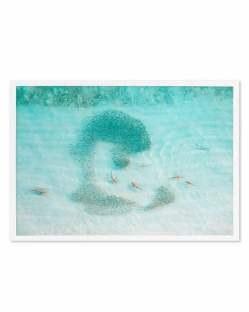 Framed art print featuring an aerial photograph of a school of fish forming a large, dense shape in shallow, clear turquoise water, with several small, light brown sharks swimming around the edges of the school. The water shows ripples and reflections, and the sandy bottom is visible beneath. The print is displayed in a white frame with a white border.