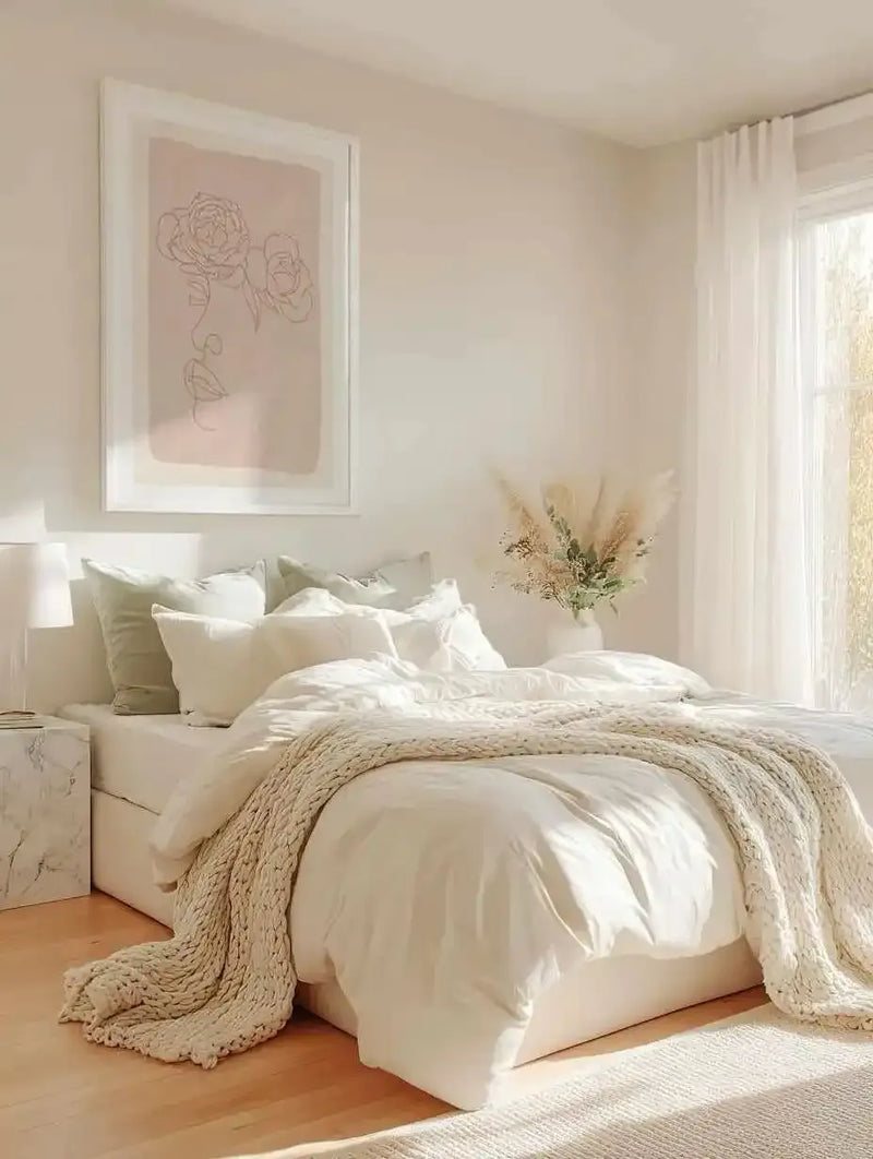 Large framed art print displayed above a bed in a bright, minimalist bedroom. The print features a line art illustration of a woman's face in profile with two roses blooming from her head, in a warm brown tone on a blush pink background, with a white frame and white border. The bed is dressed in white linen with a chunky knit cream throw, and a vase of dried pampas grass sits on a bedside table.