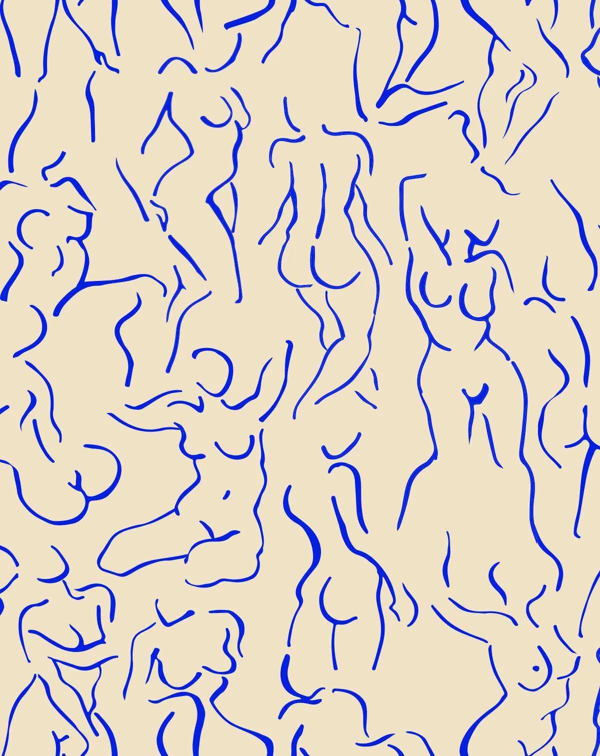Peel and stick wallpaper featuring an abstract line drawing pattern in cobalt blue on a warm cream background. The design consists of continuous, flowing organic curved lines and gestural marks reminiscent of Matisse's cut-paper style, creating an all-over repeating pattern with varied line weights and rhythmic movements throughout.