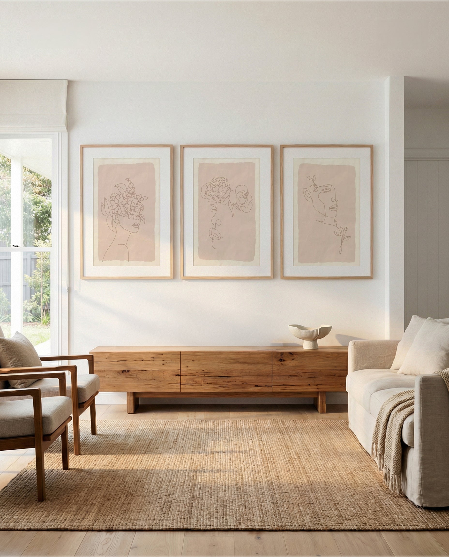 She Blooms I, II & III | 3 Piece Wall Art Set in Beige art print oak frame with white border