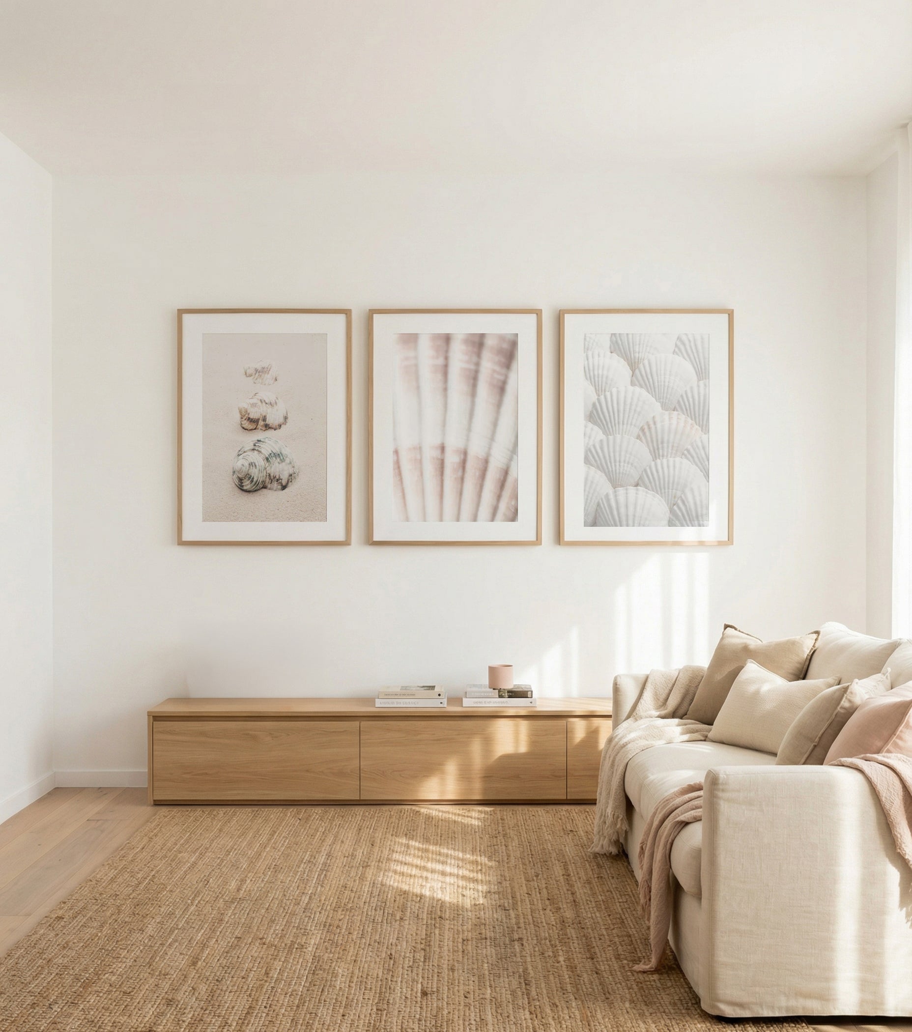 Shell I, II & III by Pictufy Studio III | 3 Piece Wall Art Set in Brown art print oak frame with white border