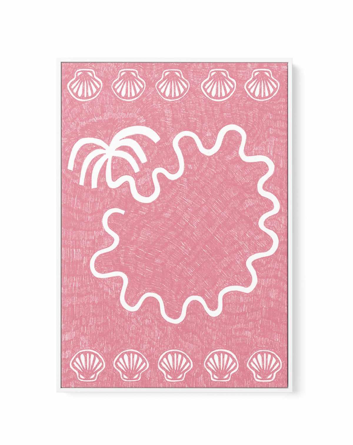 Shells And Palm Tree Baby Pink by Shatha Al Dafai | Framed Canvas Art Print from Olive et Oriel where you can shop wallpaper and artworks online