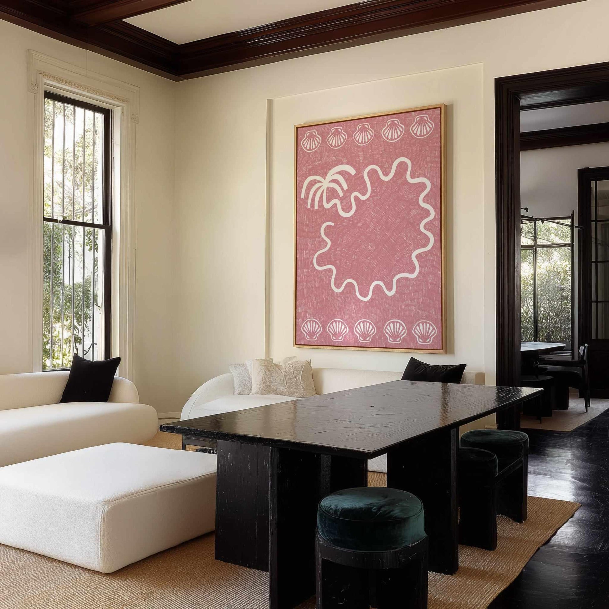 Shells And Palm Tree Baby Pink by Shatha Al Dafai | Framed Canvas Art Print from Olive et Oriel where you can shop wallpaper and artworks online
