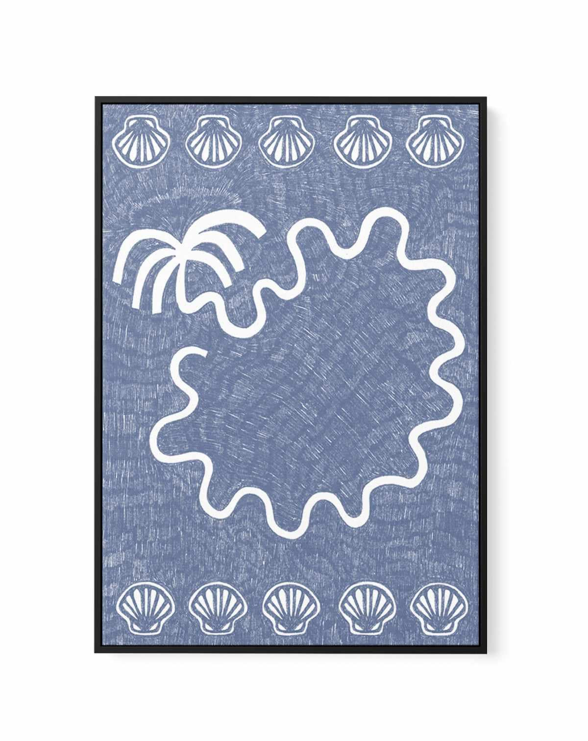 Shells And Palm Tree Blue by Shatha Al Dafai | Framed Canvas Art Print from Olive et Oriel where you can shop wallpaper and artworks online