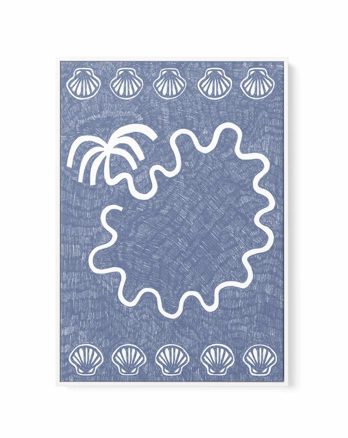 Shells And Palm Tree Blue by Shatha Al Dafai | Framed Canvas Art Print from Olive et Oriel where you can shop wallpaper and artworks online