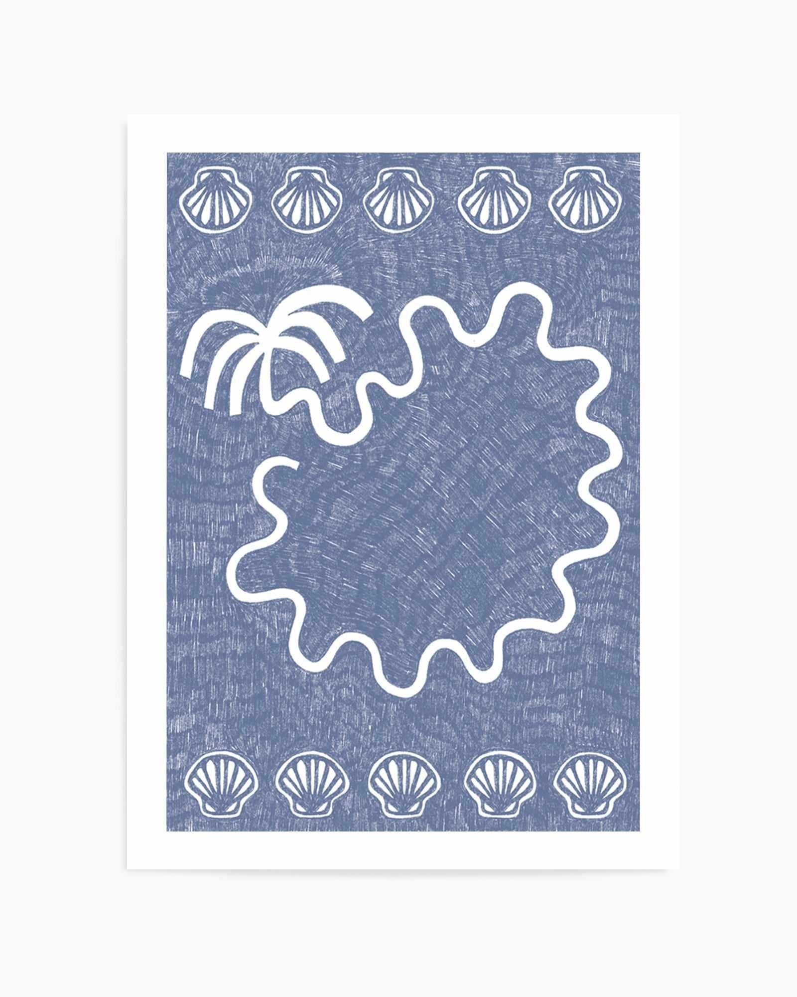 Shells And Palm Tree Blue by Shatha Al Dafai | Art Print