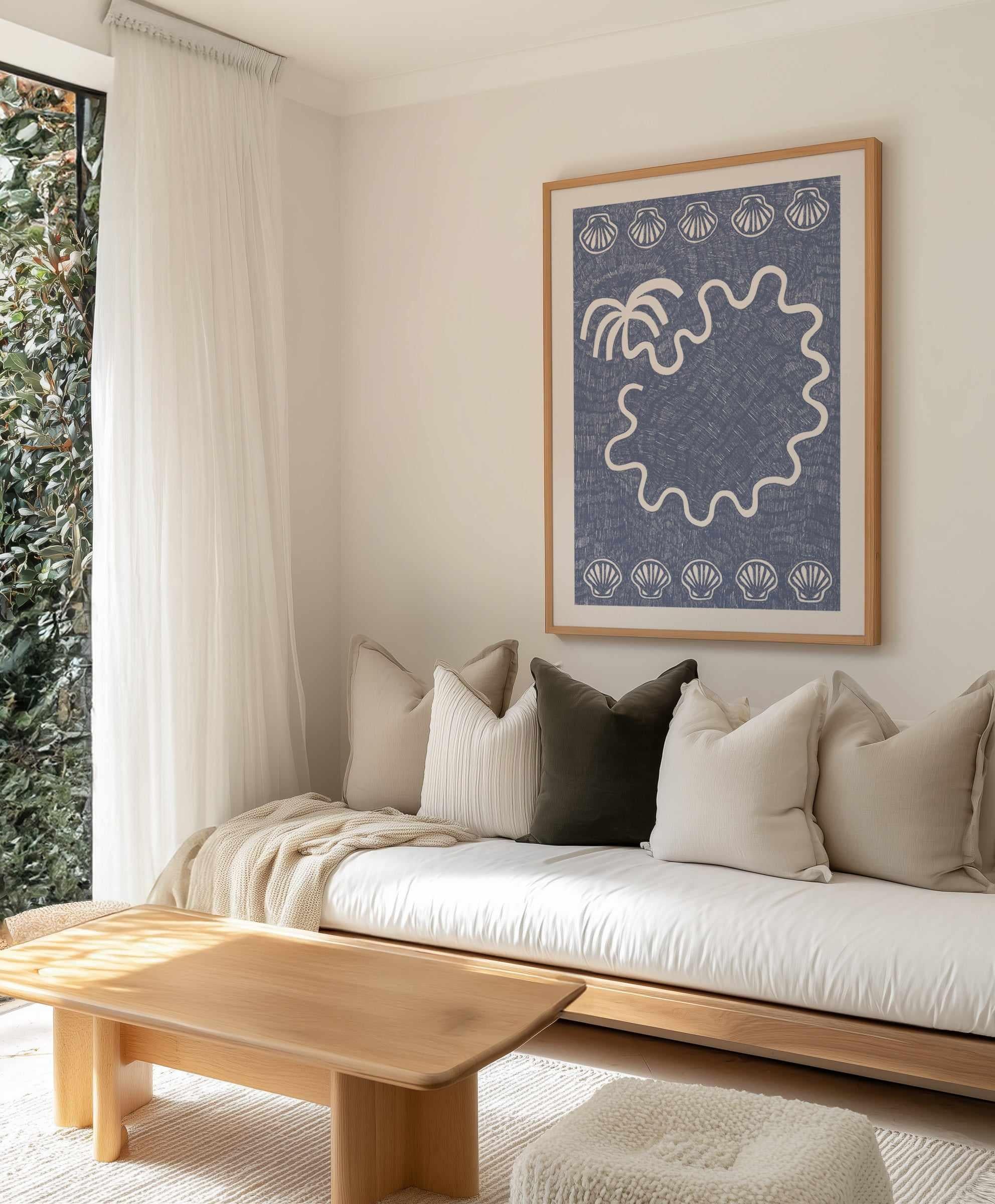 Shells And Palm Tree Blue by Shatha Al Dafai | Art Print