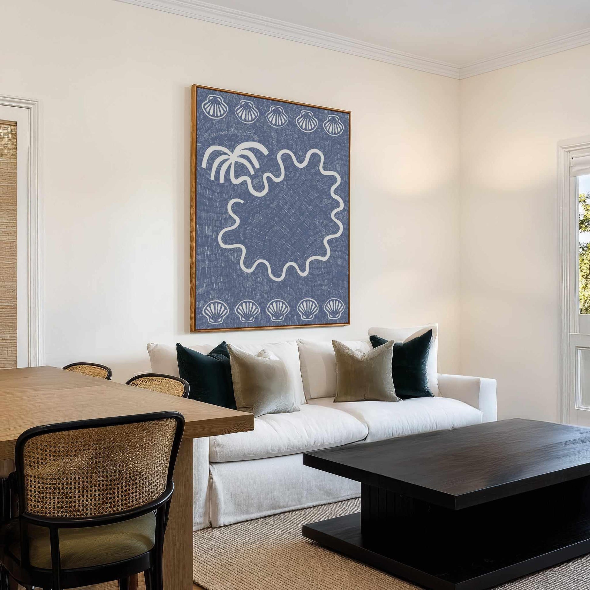 Shells And Palm Tree Blue by Shatha Al Dafai | Framed Canvas Art Print from Olive et Oriel where you can shop wallpaper and artworks online