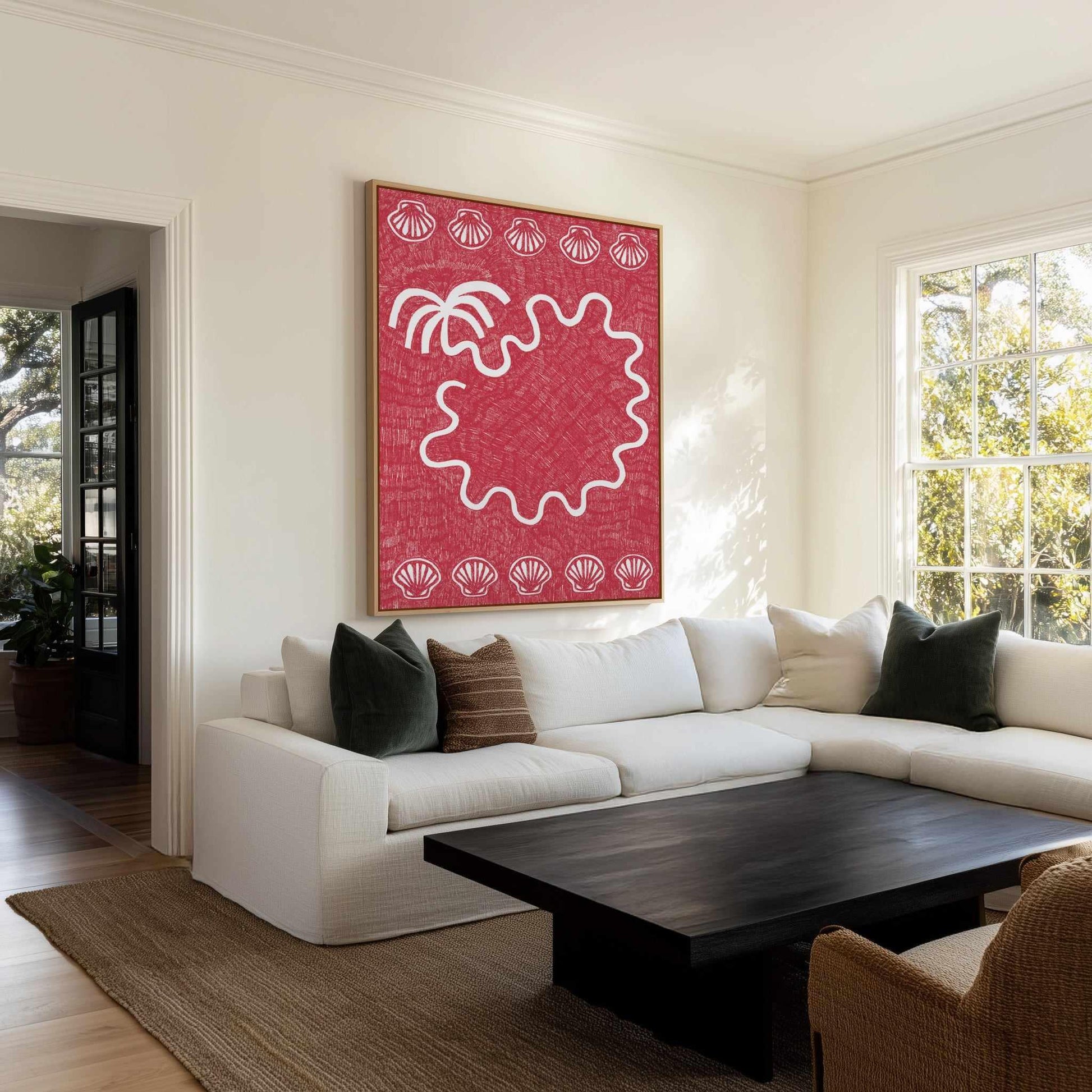 Shells And Palm Tree Coral Red by Shatha Al Dafai | Framed Canvas Art Print from Olive et Oriel where you can shop wallpaper and artworks online