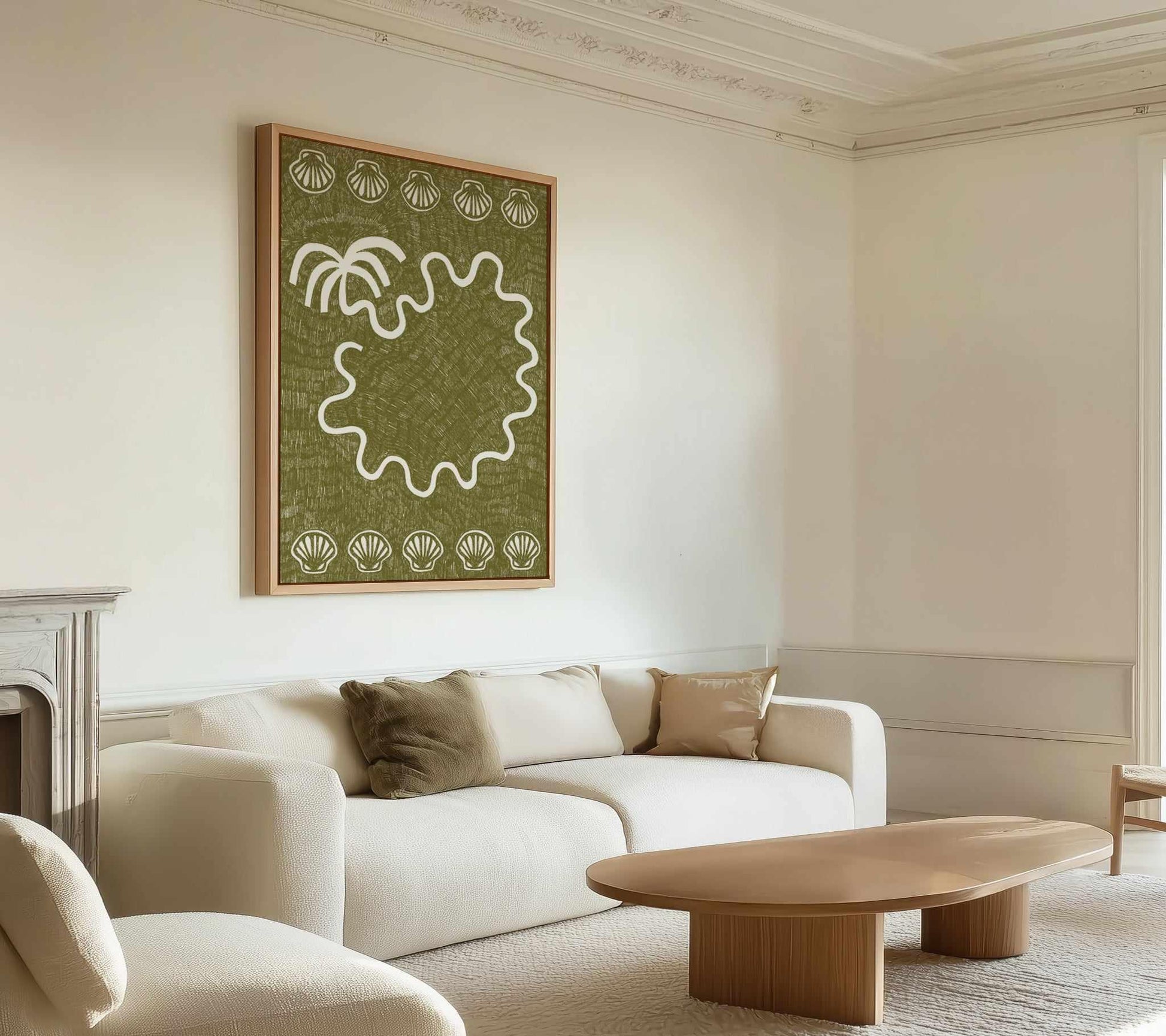 Shells And Palm Tree Green by Shatha Al Dafai | Framed Canvas Art Print from Olive et Oriel where you can shop wallpaper and artworks online