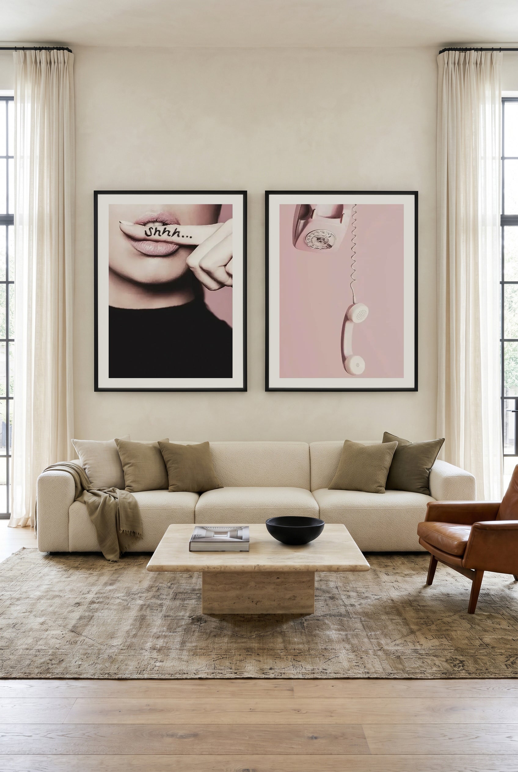 Shhh... Silence & Pink Telephone Art Print Set of 2 | Matching Wall Art