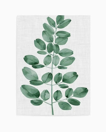 Watercolour art print featuring a single branch with numerous small, oval-shaped leaves in varying shades of deep emerald green, against a textured off-white background. The leaves are arranged alternately along the stem, with visible brushstroke detail and a soft, organic quality.