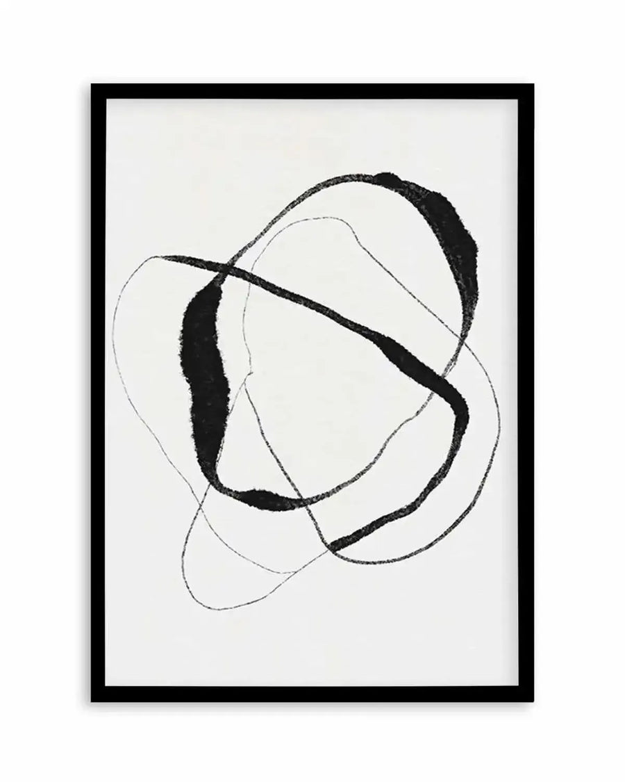 Abstract art print featuring bold, fluid black lines and thinner, delicate black lines intertwining and overlapping on a white background, creating a dynamic and organic composition. Printed on fine art paper and displayed in a black frame with a white border.