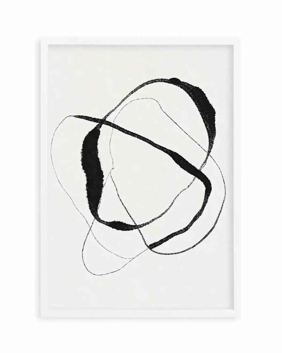 Abstract art print featuring bold, fluid black lines and thinner, delicate black lines intertwining and overlapping on a clean white background, creating a dynamic and expressive composition, displayed in a white frame with a white border.