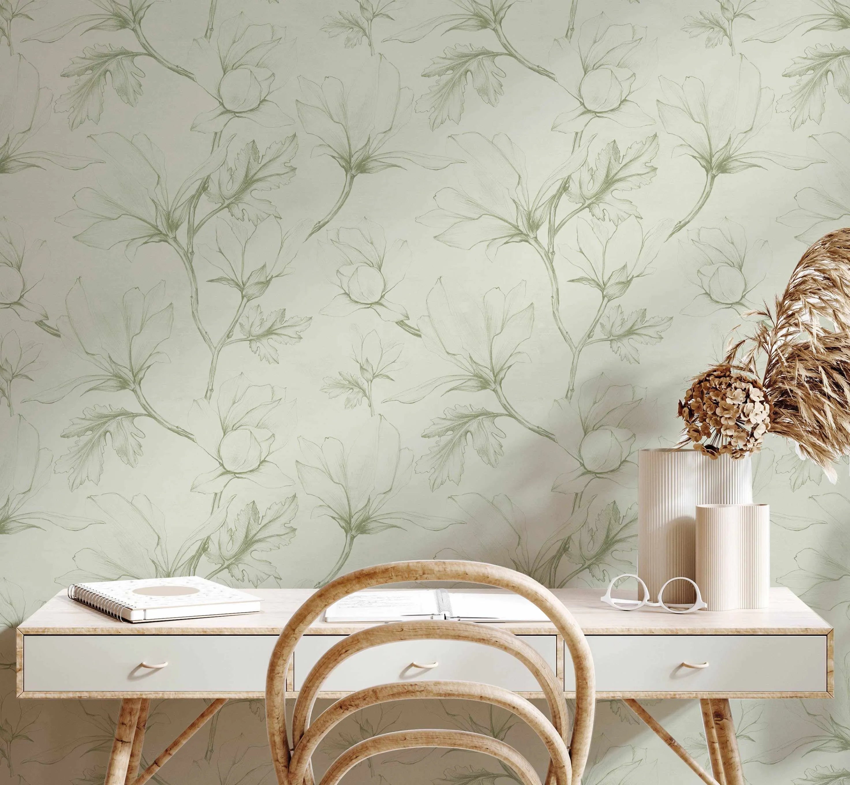 Sketched Magnolias Sage Green Wallpaper-Wallpaper-Buy Australian Removable Wallpaper Now Sage Green Wallpaper Peel And Stick Wallpaper Online At Olive et Oriel Custom Made Wallpapers Wall Papers Decorate Your Bedroom Living Room Kids Room or Commercial Interior