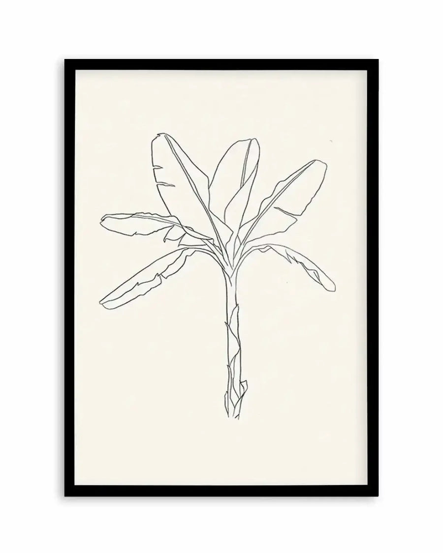 Line art print featuring a minimalist sketch of a banana palm tree with large, broad leaves and a textured trunk, drawn in black on a cream background, displayed in a black frame with a white border.
