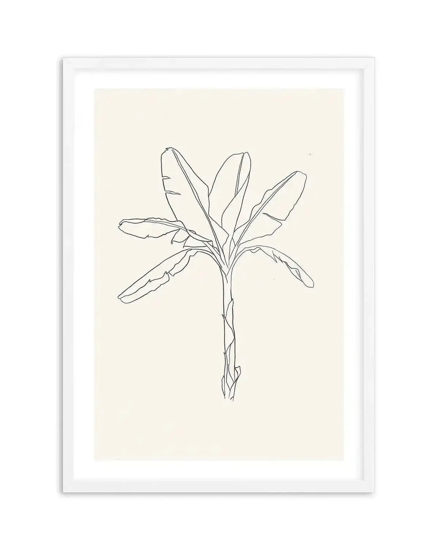 Sketched art print featuring a minimalist line drawing of a palm tree with large, fanned leaves and a textured trunk, rendered in black ink on a warm cream background. The print is displayed in a white frame with a white border.