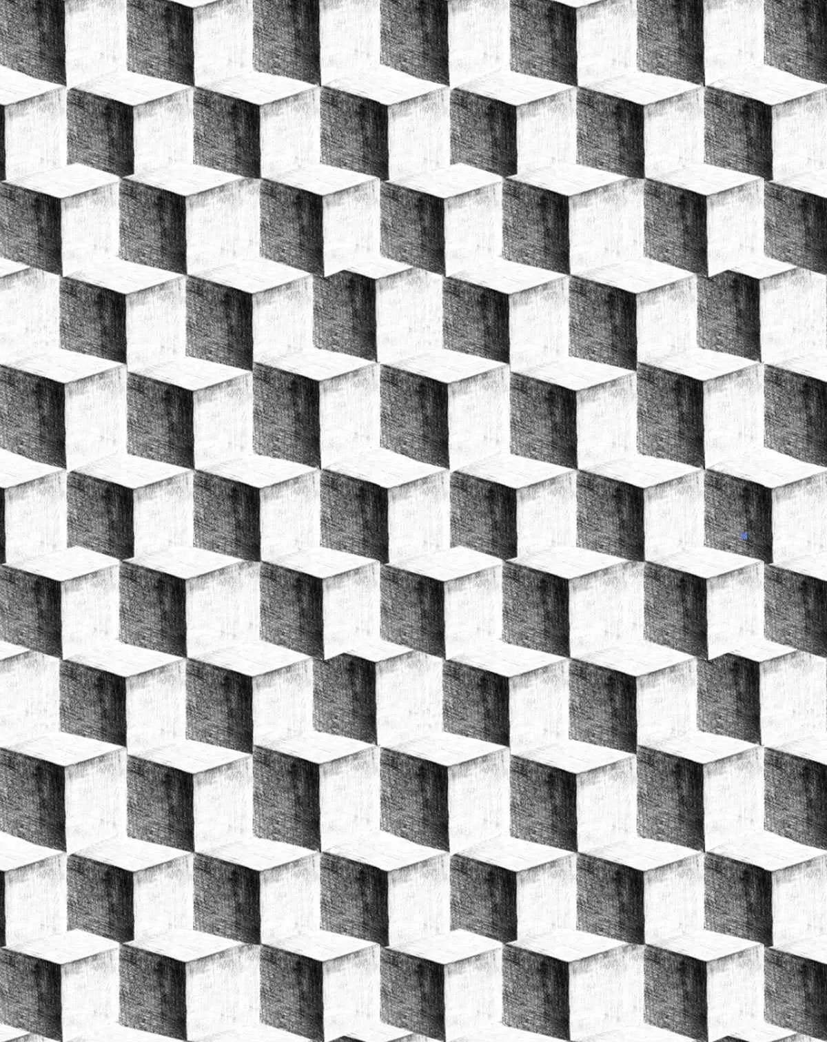 Peel and stick wallpaper featuring a repeating pattern of hand-drawn isometric cubes in black and white with visible pencil sketch texture, creating a three-dimensional optical illusion.