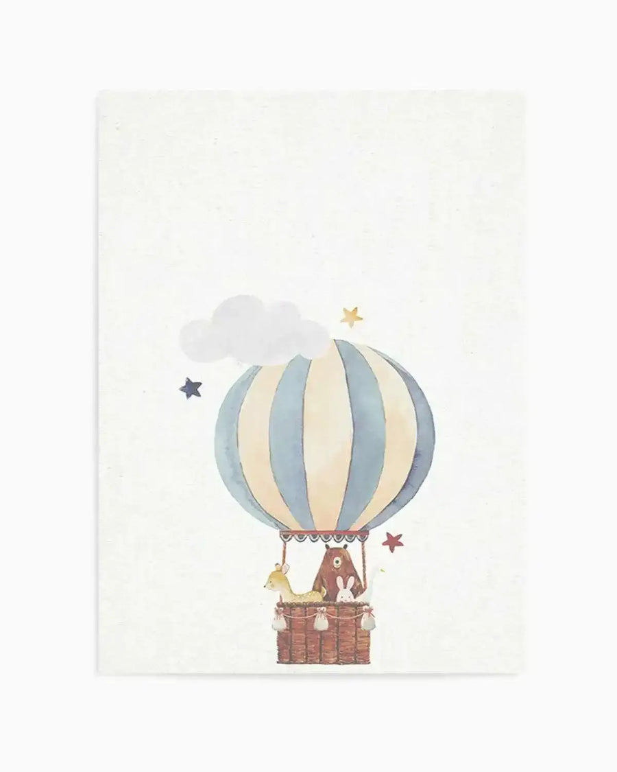 Watercolour art print featuring a hot air balloon in pale blue and cream stripes, with a brown wicker basket carrying a fawn, a brown bear, and a white rabbit. The background is a soft white with a light grey cloud and scattered blue, gold, and red stars. The artwork has a gentle, whimsical feel with visible brushstroke texture.