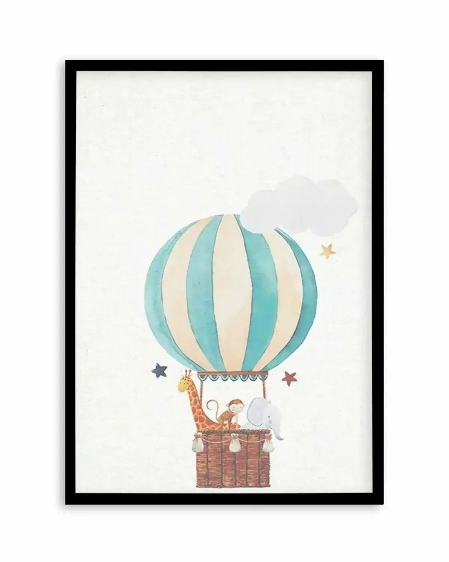 Watercolour art print featuring a hot air balloon with alternating pale blue and cream vertical stripes. In the basket below, a giraffe, a monkey, and an elephant are visible. The background is a textured cream, with a white cloud and scattered stars in blue, red, and gold. The print is displayed in a black frame with a white border.