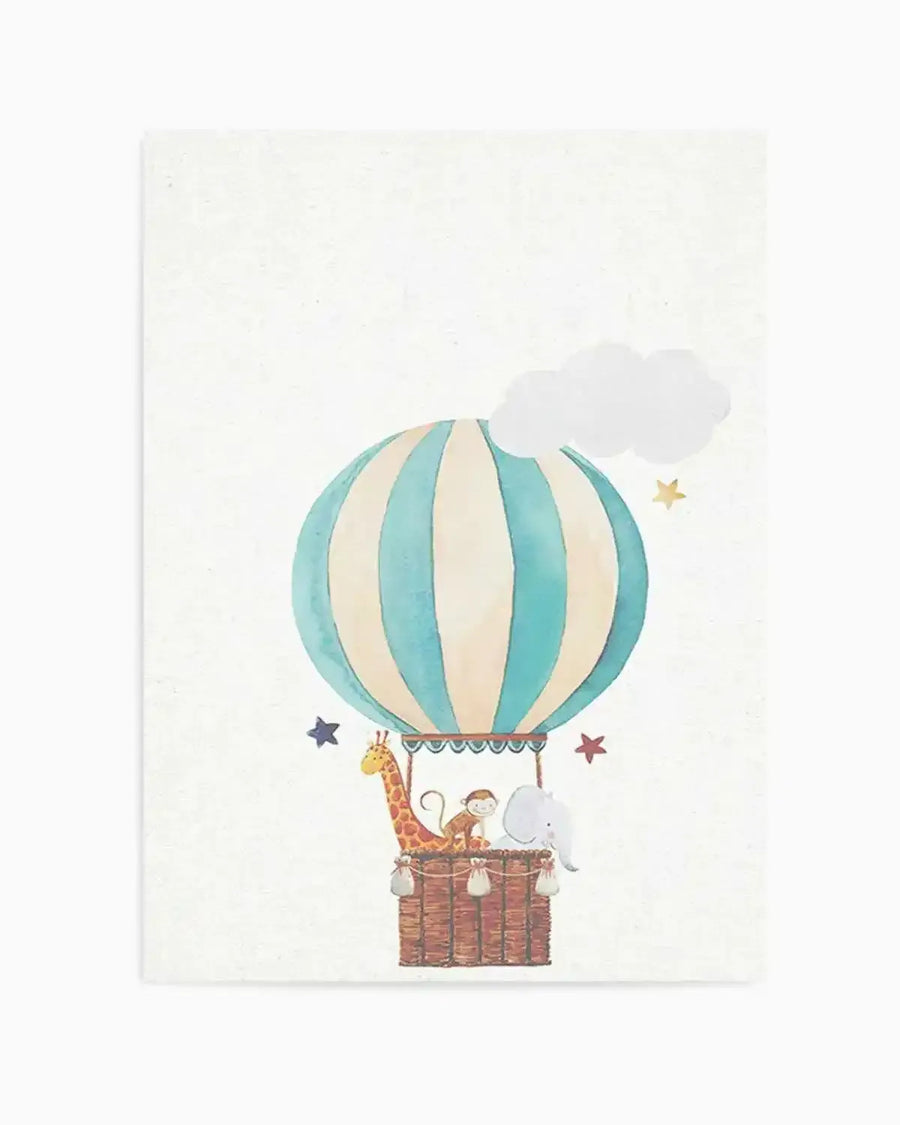Watercolour art print featuring a hot air balloon with vertical stripes in muted teal and cream, carrying a giraffe, monkey, and elephant in its basket. The background is a soft white with subtle texture, and there are scattered blue, red, and yellow stars, and a white cloud.