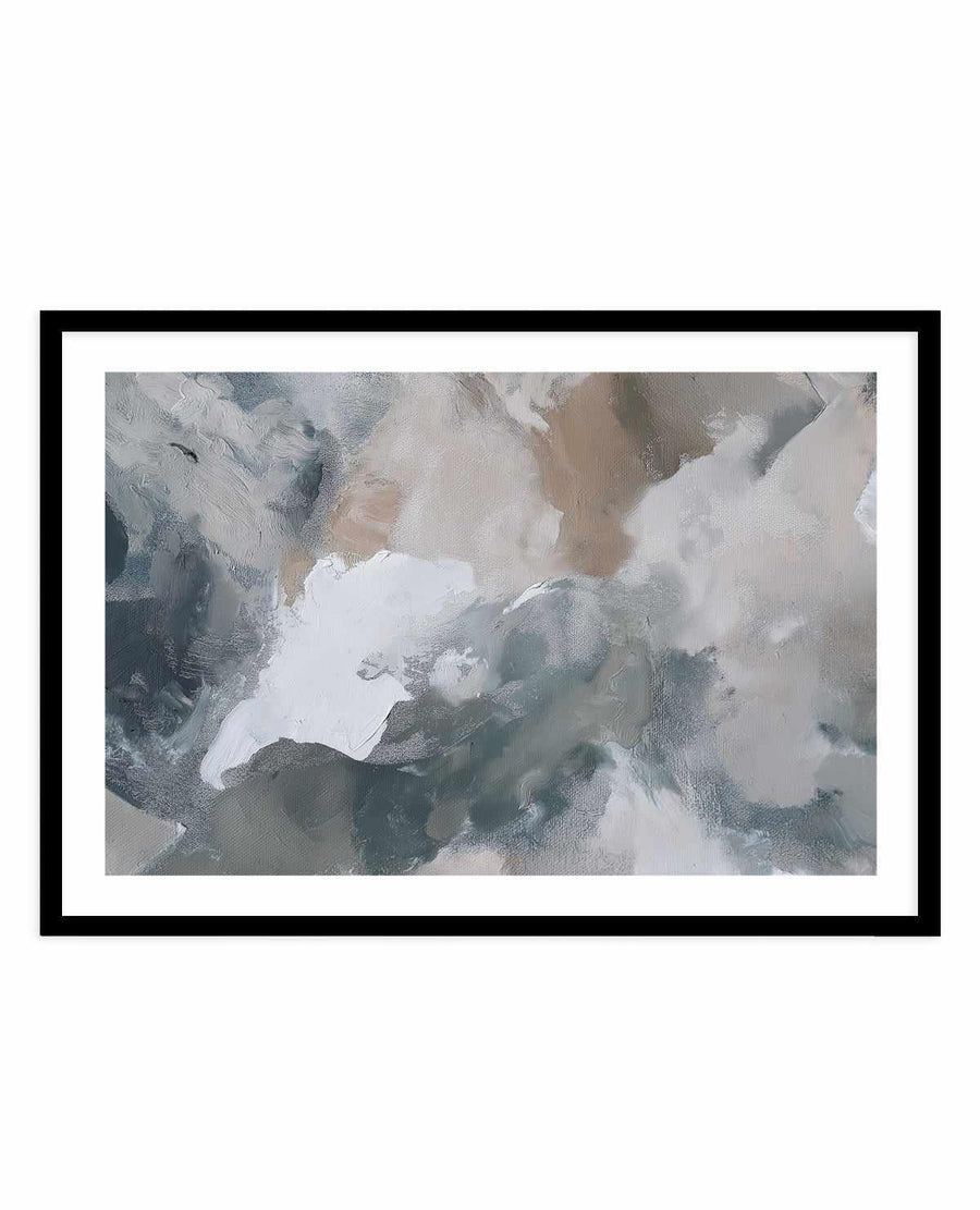 Slate Veil II art print displayed in a black frame with white border. Abstract painting featuring soft, layered brushstrokes in shades of grey, white, taupe, and dusty blue-green. The composition shows cloudy, atmospheric forms with organic shapes that suggest movement and depth. Paint application creates textured, translucent effects with areas of opacity and transparency blending throughout. The overall mood is serene and ethereal, evoking mist or weathered landscape. Horizontal rectangular format.